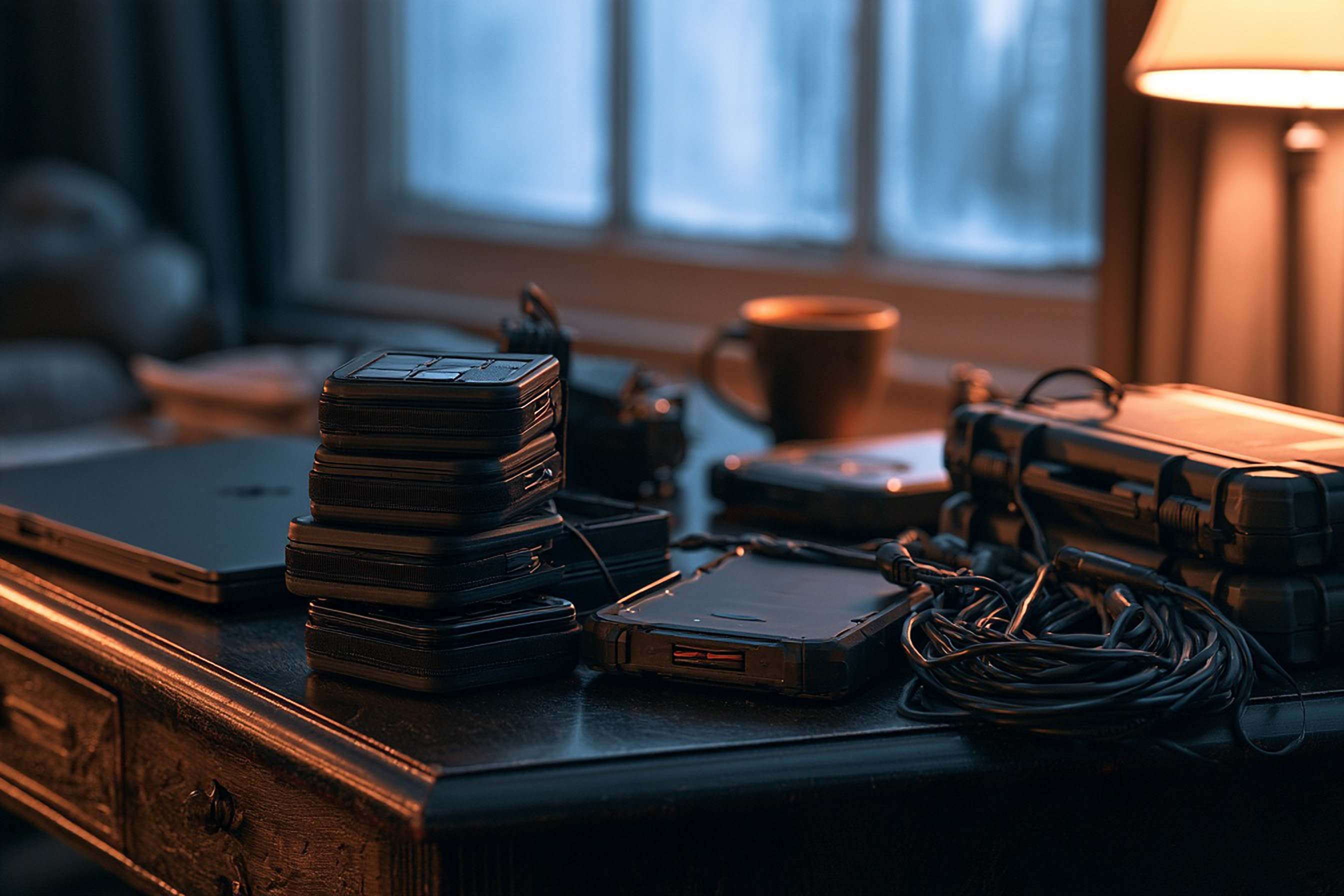 Stacks of memory cards and hard drives wait on a desk by a window at dusk.