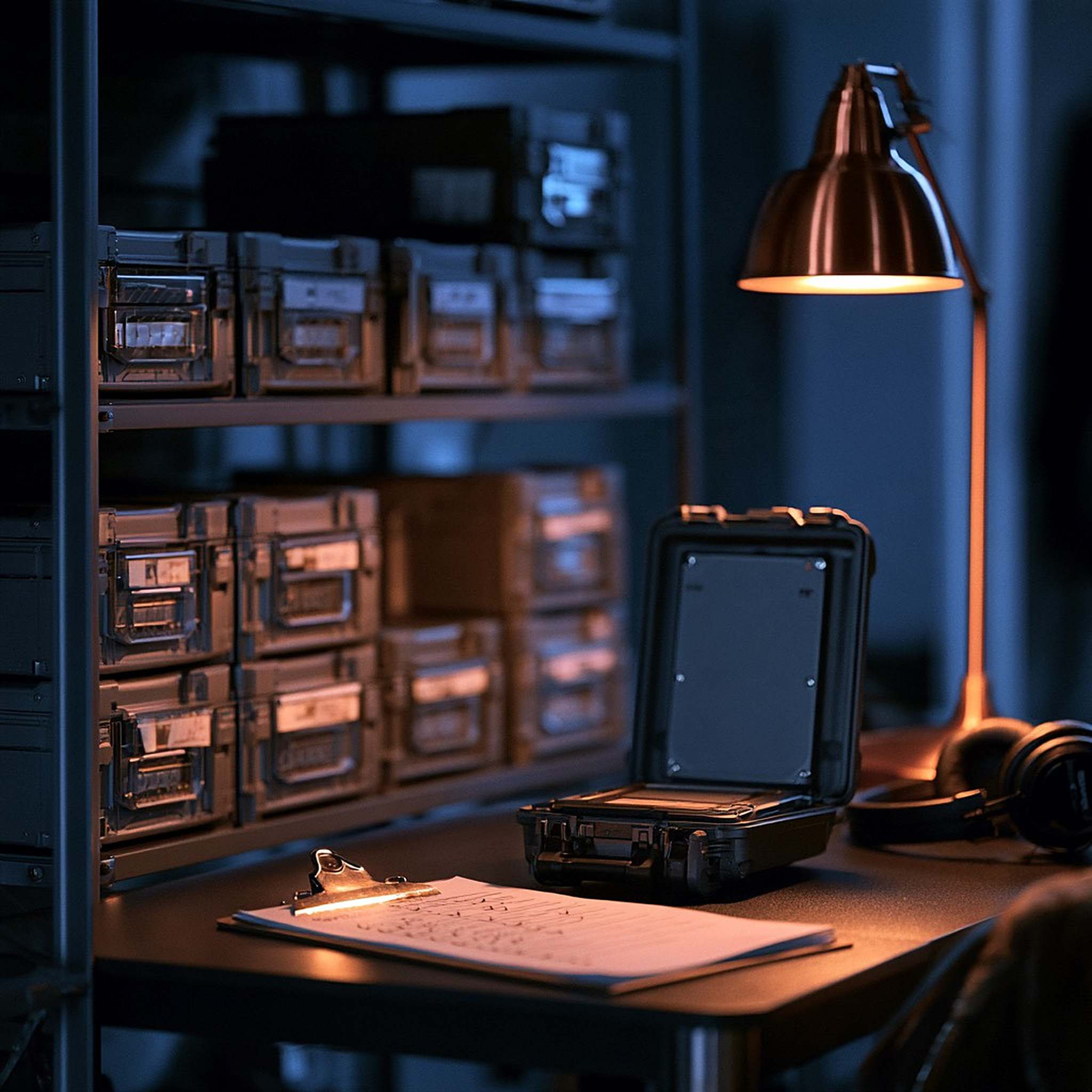 A delivery drive sits in an open case beside headphones, a checklist and shelves of archive drives.