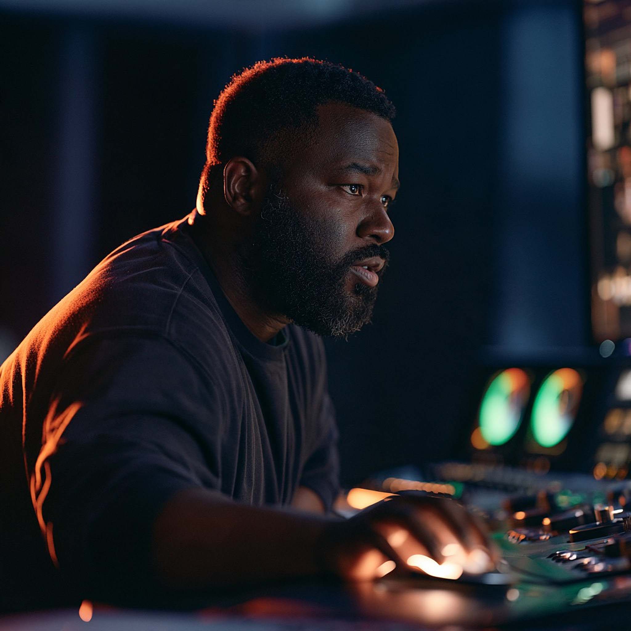 A colourist works at a grading panel with colour scopes glowing beside him.