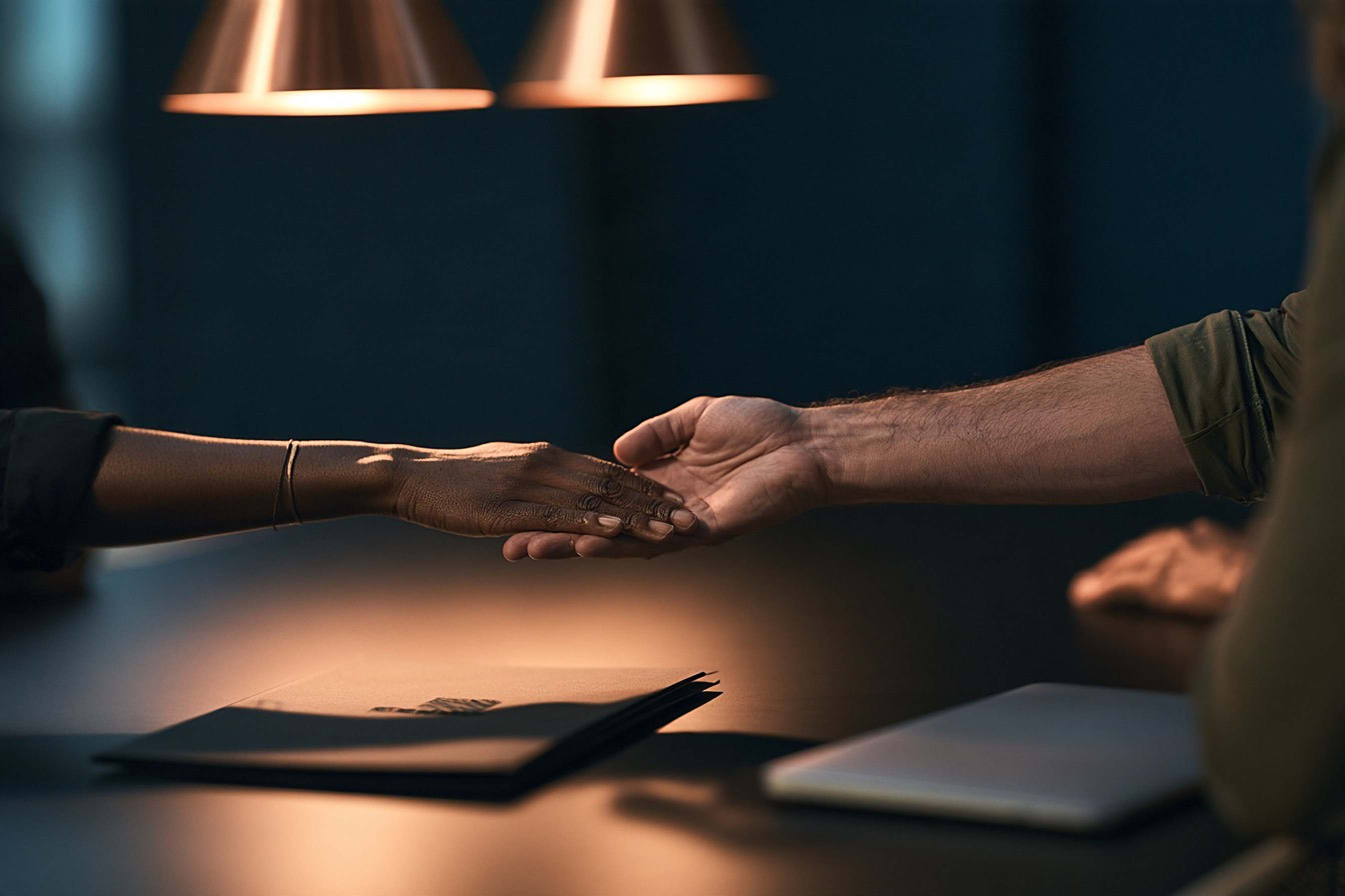 Two people reach across a dark meeting table beside a plain folder.