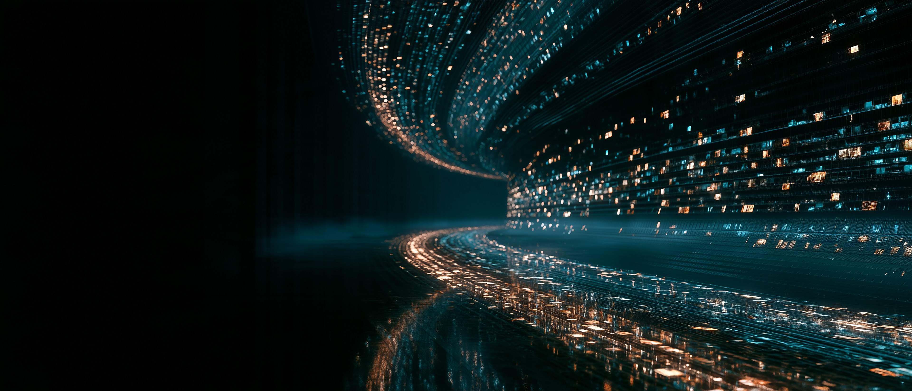A luminous river of thousands of small glowing film frames curves through a vast dark space, reflected in a mirror-black floor.